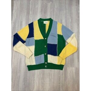 Yitai Rare Patchwork Stitch Colorblock V-Neck Cardigan — Green, Yellow & Blue